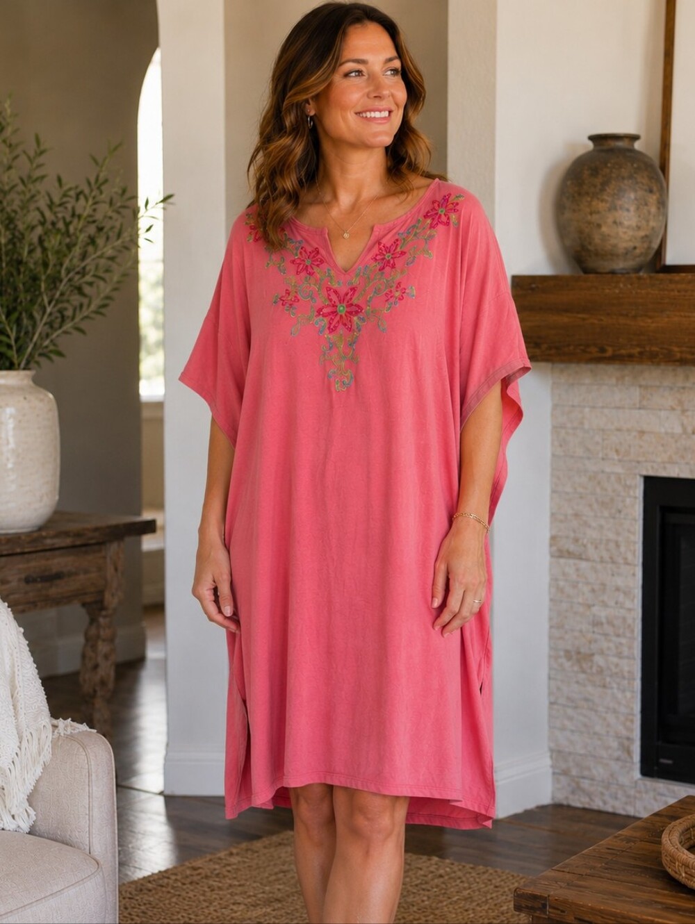 New Quacker Factory Embroidered Floral Tropical Knit Kaftan Dress Pink Medium